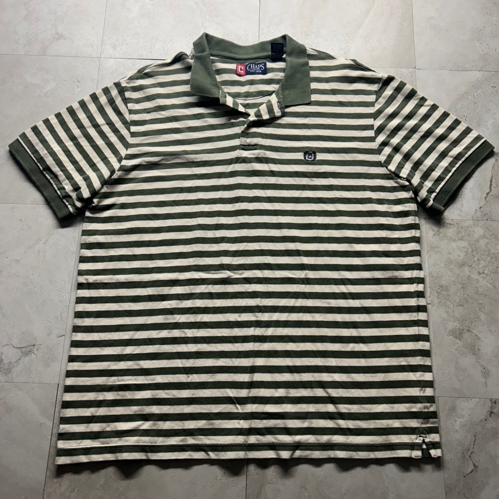 Chaps Polo Shirt Green Striped Mens XL Short Sleeve Cotton Pique Preppy 1190